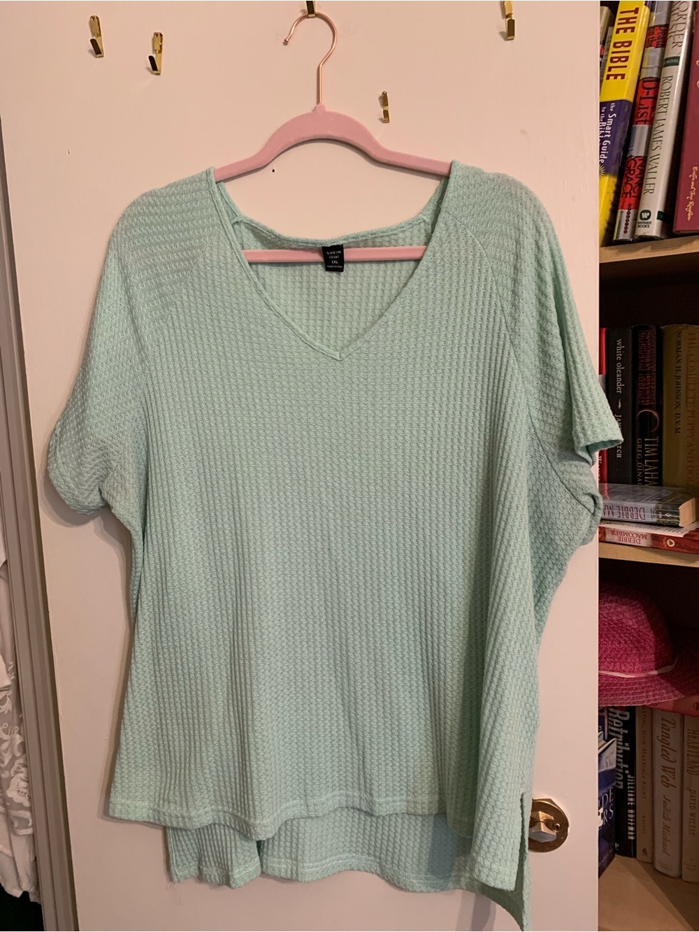SHEIN Mint Green V-Neck Waffle Knit Short Sleeve Top